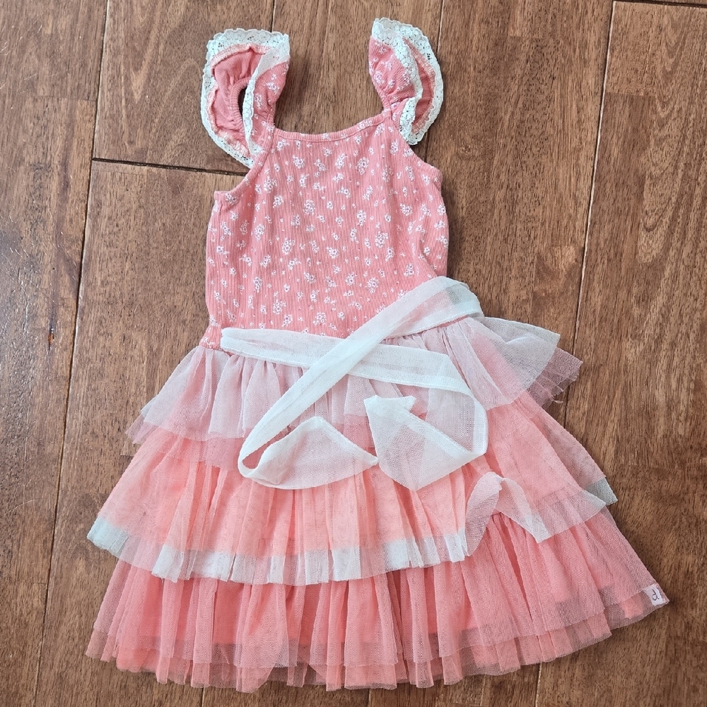 Deux par Deux Pink and White Ruffled Kids Dress